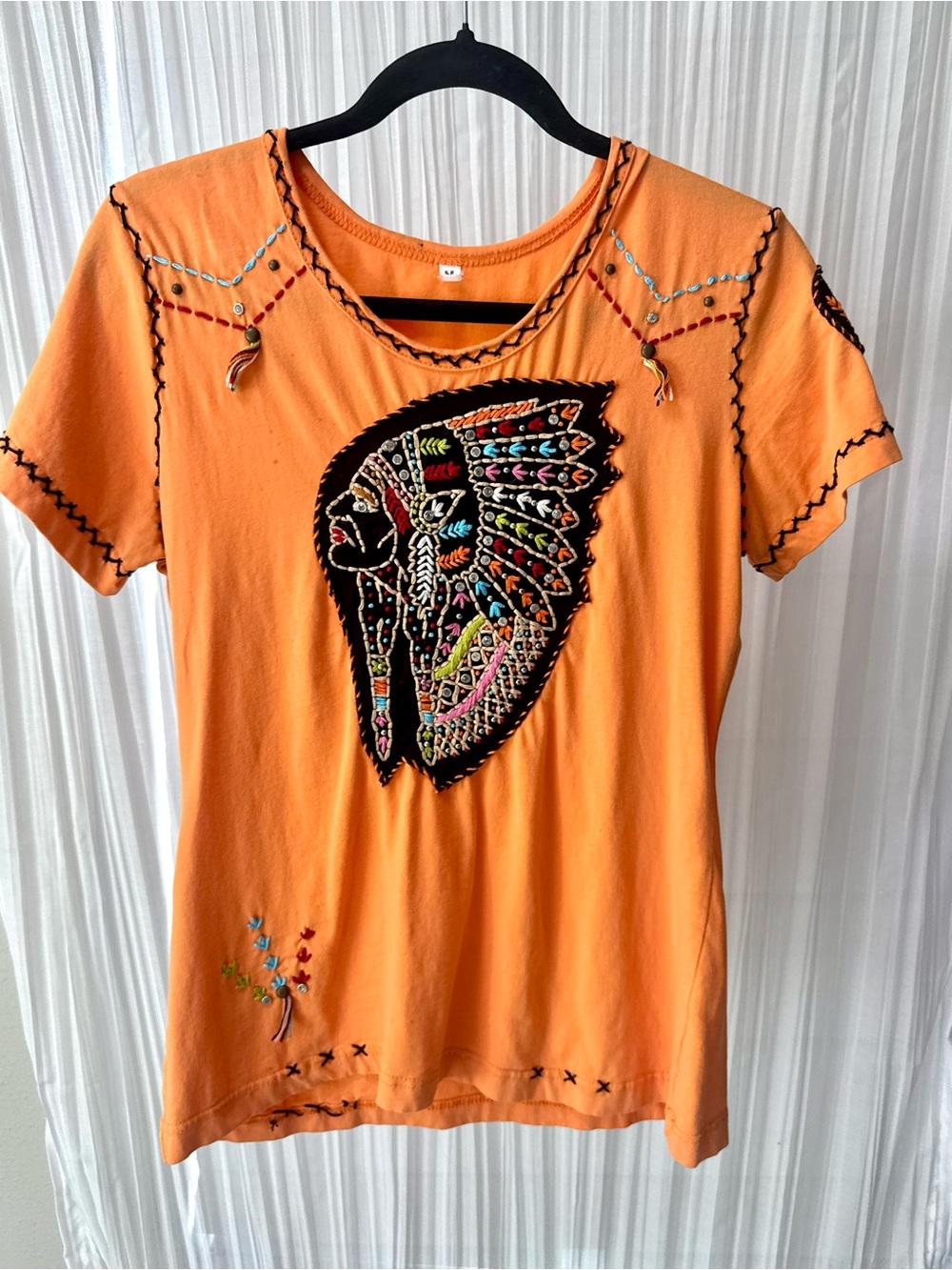 Orange Embroidered Native Headdress Short Sleeve Top